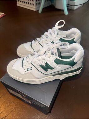 New Balance White and Green 550 Retro Low-Top Sneakers
